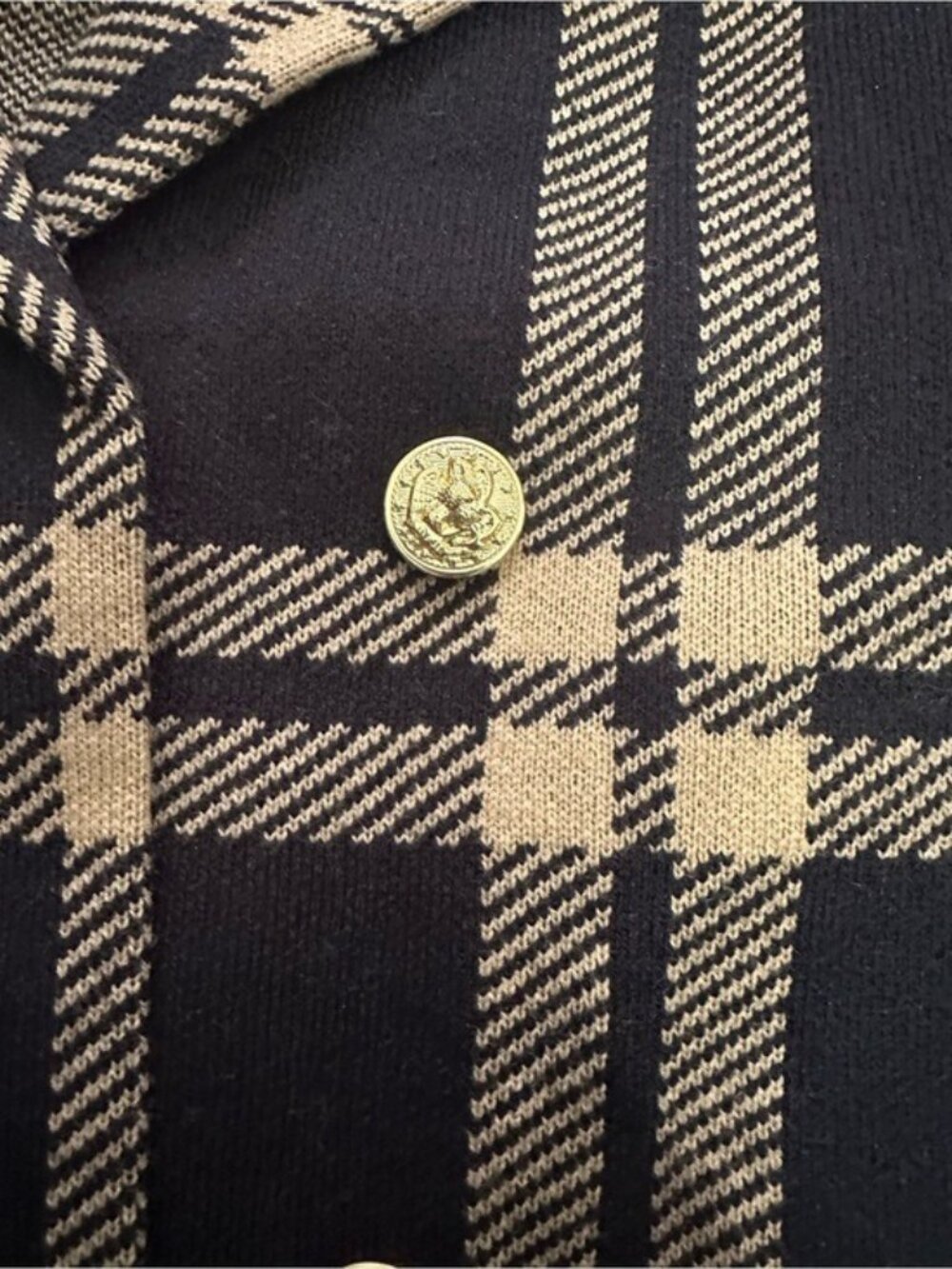 Anne Klein XL Plaid Cardigan Coat Navy Tan Gold Button Old Money Preppy Fall - Picture 7 of 13